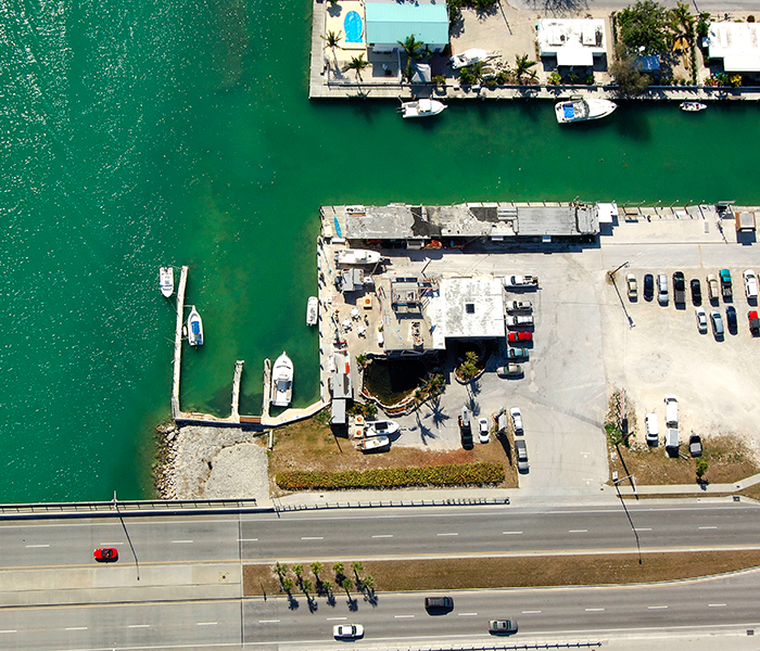 sky view image of Captain Hooks Marina & Dive Center in Marathon, Florida.