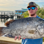 image of a fishing charter guest holding a Atlantic tripletail that was caught while on a fishing charter with Changes 'N latitude